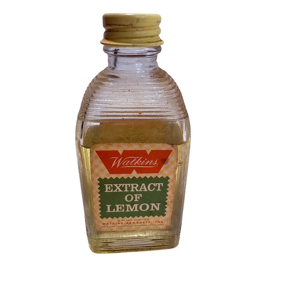 Vintage Watkins Extract of‎ Lemon Glass Bottle 2oz Ribbed Collectible Prop Decor